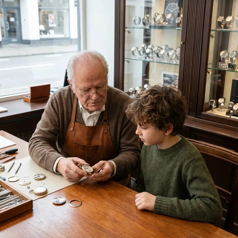 Phillip Nibosi showing a watch to a young boy at his atelier workbench